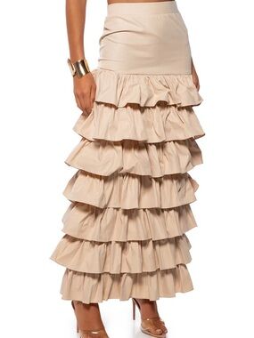 AKIRA Under The Sun Ruffle Maxi Skirt Tiered Beige Medium